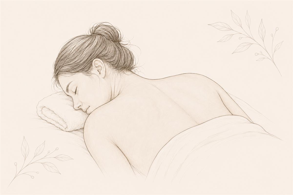 Klassische Wellnessmassage in Hamburg-Winterhude – Zeichnung einer entspannten Frau auf der Massageliege