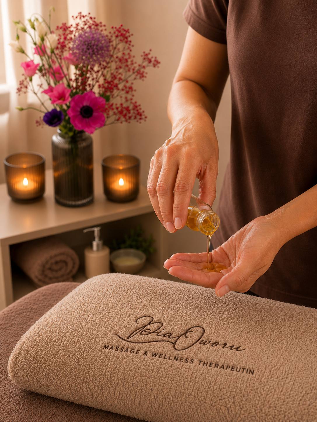 Massageöl wird in die Hand gegossen – Wellnessmassage bei Pia Oworu in Hamburg-Winterhude